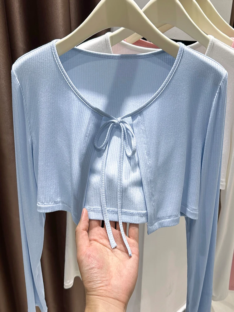 ホワイトモーダルショートカバーアップカーディガンレディース夏の日焼け止め薄いストラップベストトップオープンフロント韓国スタイル長袖