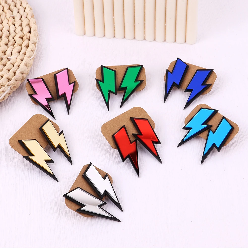 HipHop Gold Color Mirrored Lightning Stud Earrings for Women Trendy Colorful Acrylic Flash Lightning Earrings Party Jewelry Gift