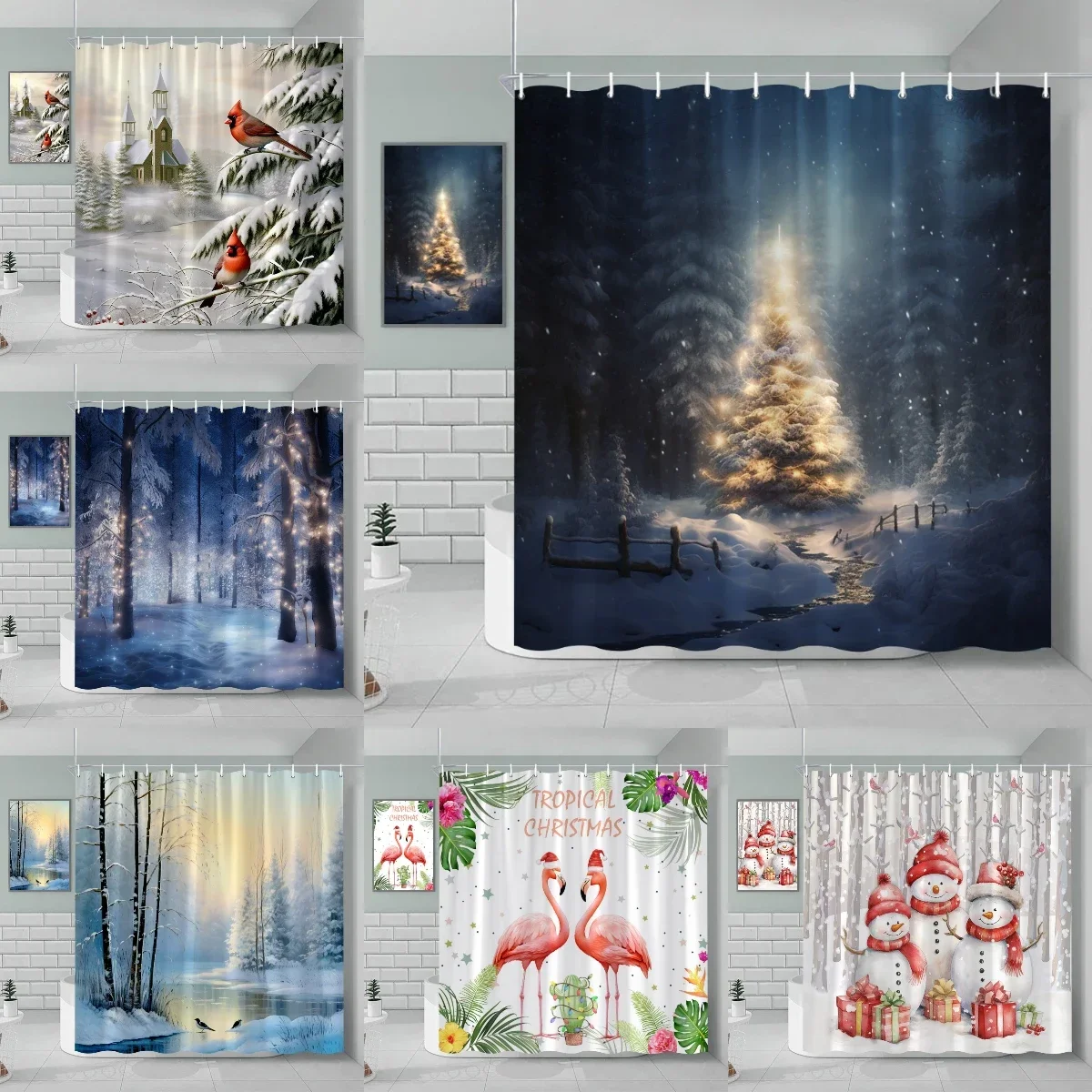 Winter Shower Curtain, Christmas Snowman Flamingo Christmas Tree Red Bird Holiday Farm Forest Scenery, Bathroom Decorations