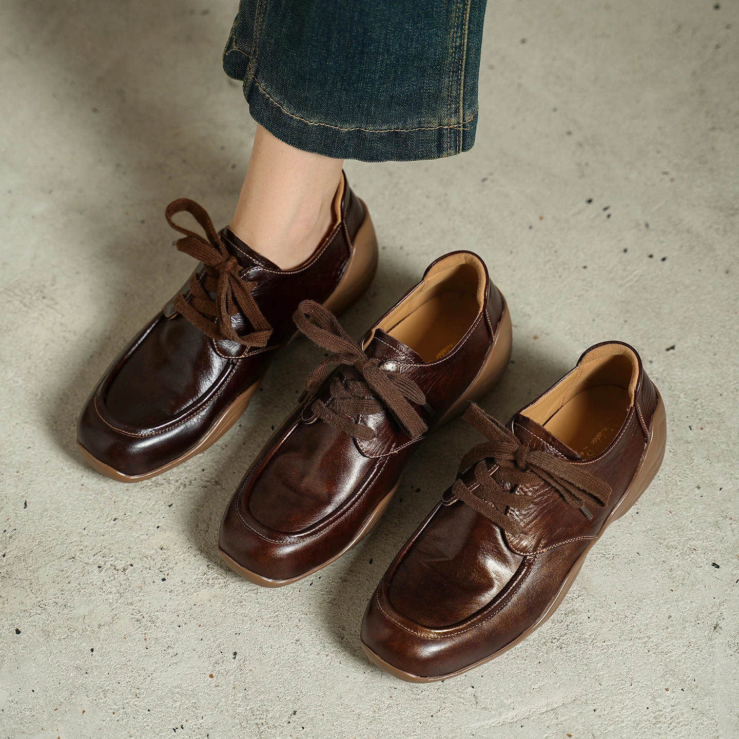 2026 new spring autumn women pumps natural leather 22-25cm brushed color cowhide lace-up loafers wedges women shoes fashion