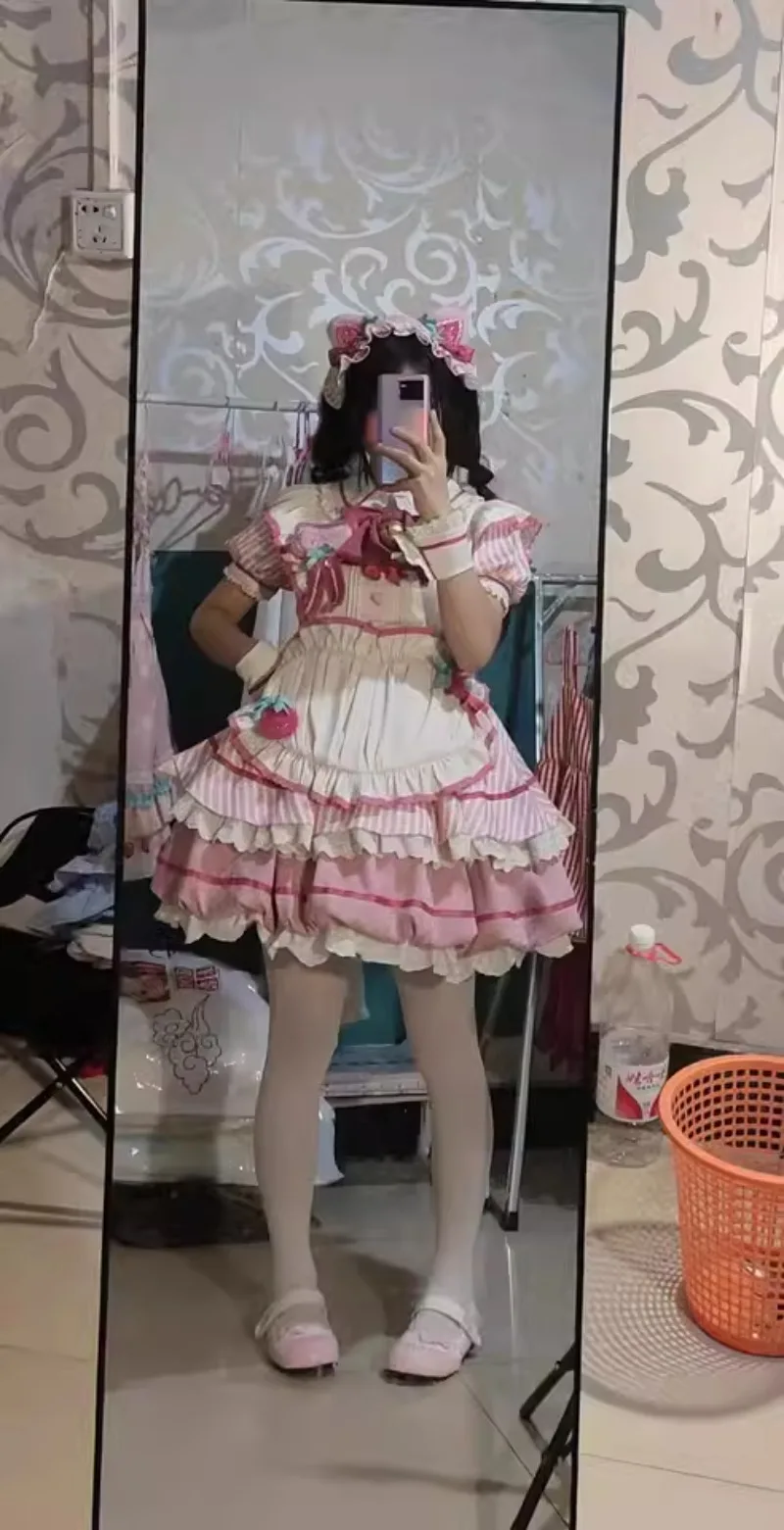 2025 novo verão japonês lolita lapela arco rosa e branco cor combinando cintura avental fino vestido para mulher