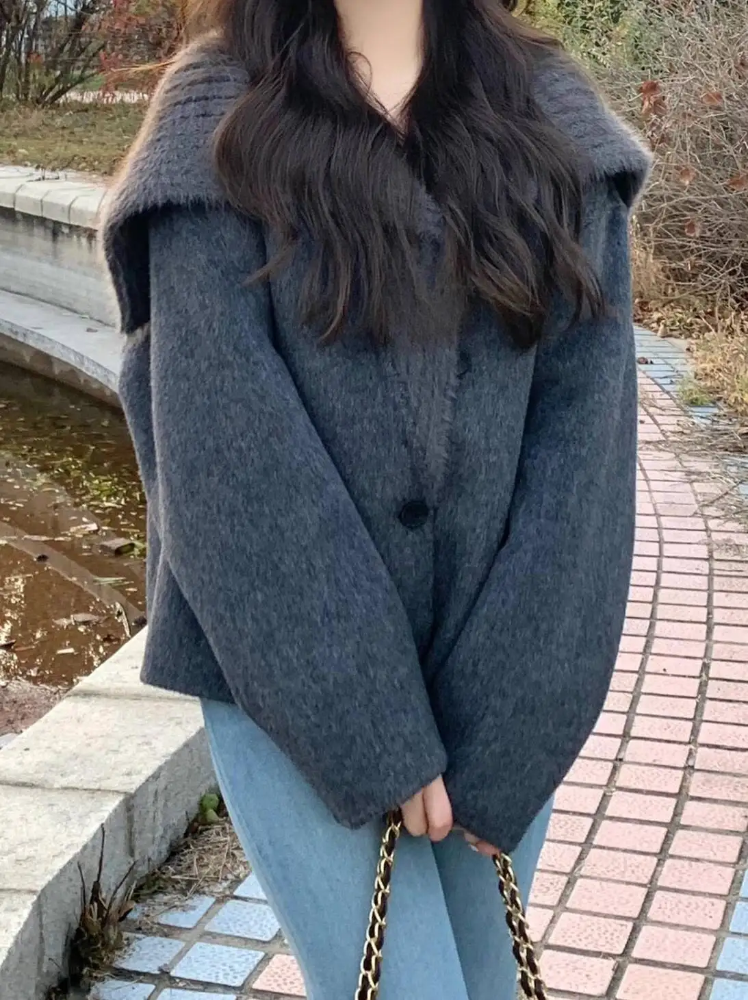 

Wool Blend Coats Womens Woolen Coat Fabric Fall Tweed Checked Buttoned Pleated Stand-Up Collar Sided Snap Closure Balloon Sleeve