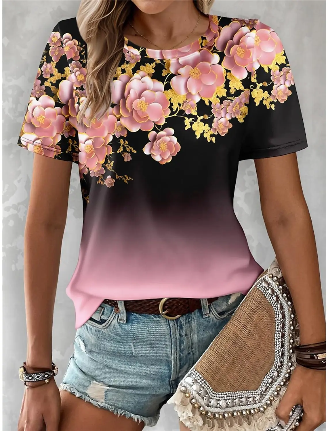

Summer Women's T shirt Tee Floral Casual Holiday 3d Print Color Gradient Short Sleeve Tees Fashion Crew-Neck t shirts for women