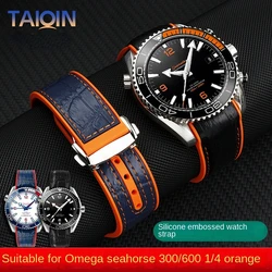 20mm 22mm curved end Blue Orange Rubber Wrist band For Omega Seamaster 300 Ocean Watchband Folding Buckle Silicone watch Strap