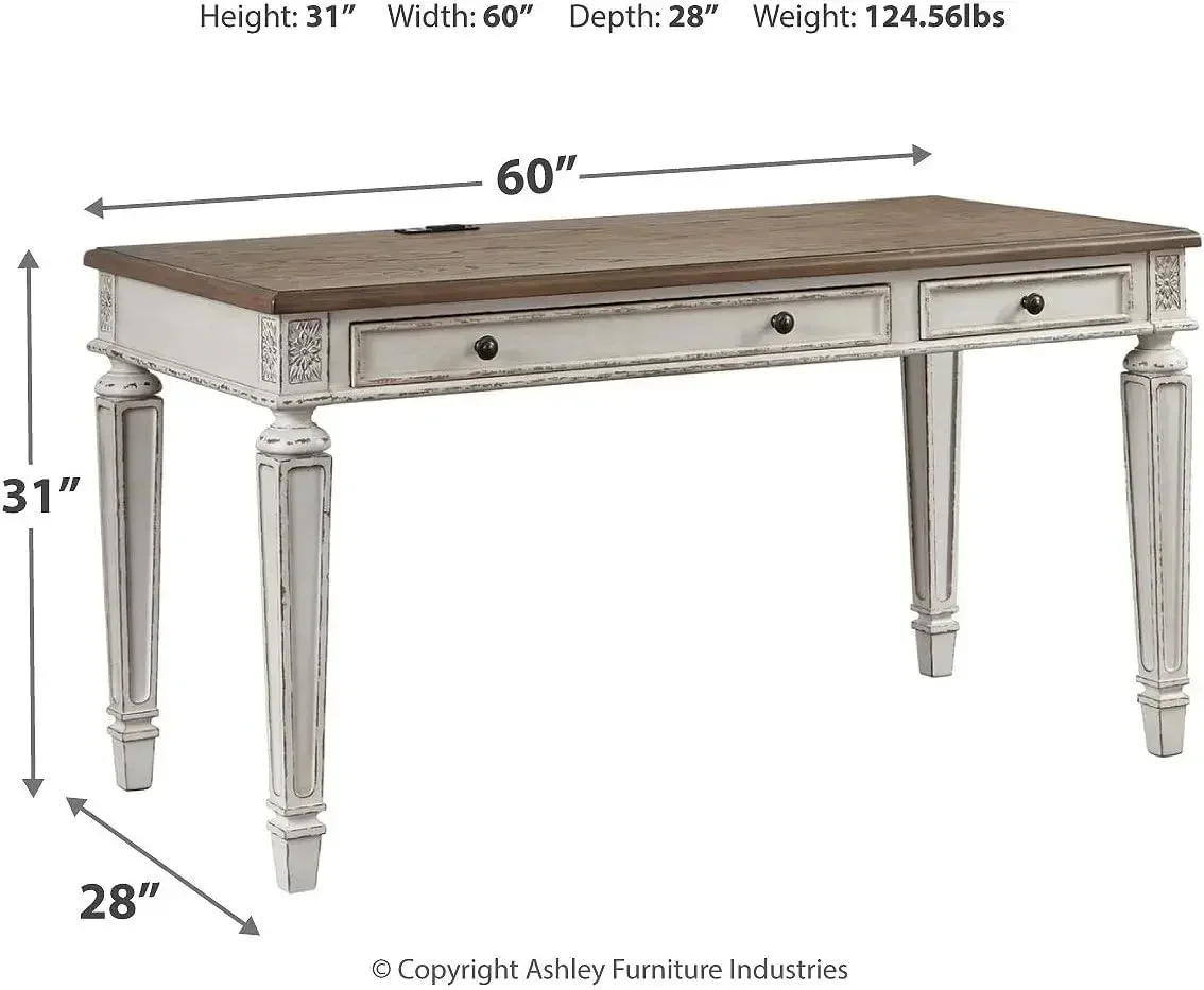 Realyn Farmhouse 60" Home Office Desk with USB Charging, Chipped White