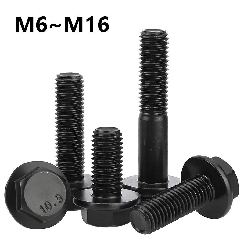 Grade 10.9 Black Alloy Steel Flanged Hex Head Bolts M6 M8 M10 M12 M14 M16 Flat Flange Head Hexagon Screws