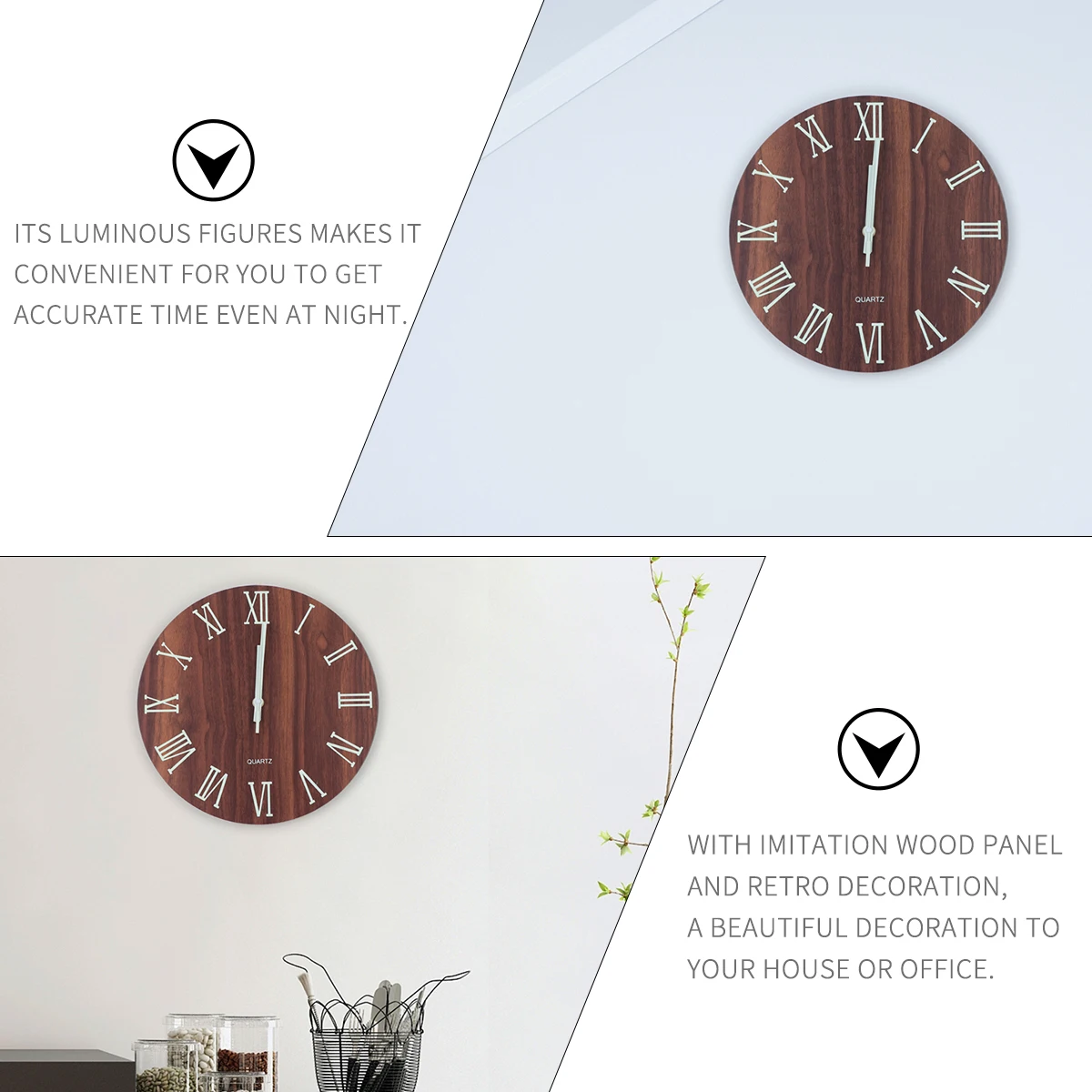 

Luminous Wooden Wall Clock Silent Non Ticking Creative Decor Retro Roman Numerals Imitation Wood Panel House Office