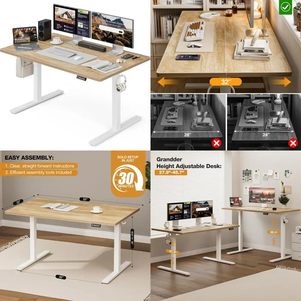 مكتب كهربائي كبير قابل لضبط الارتفاع مع إعدادين مسبقين للذاكرة، سطح مكتب عميق 55 × 32 لمحطات العمل في الحامل #1