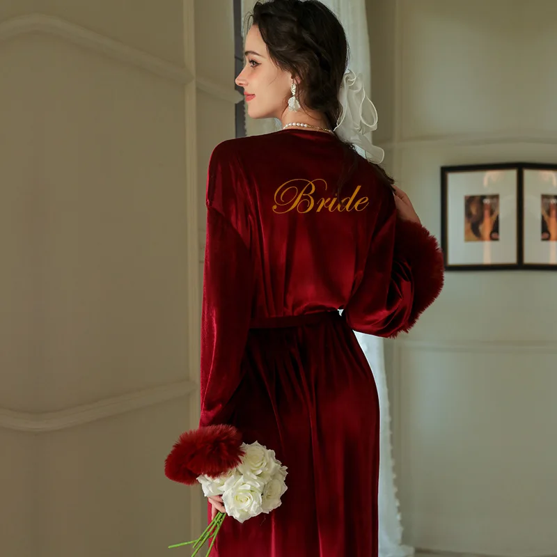 Sexy Burgundy Long Robe Gown Women Autumn Sleepwear Velour Feather Kimono Bathrobe Nightgown Bride Robes Intimate Lingerie