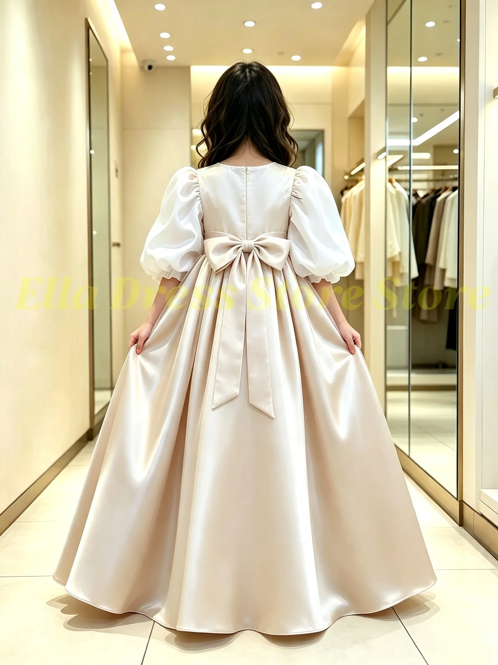 Elegantes Rosa Blumenmädchenkleid aus Satin, Flauschiges Zweiteiler-Set für Kleine Mädchen, Hochzeit, Geburtstag, Party, Abendballkleider Großhandel – Detail 2