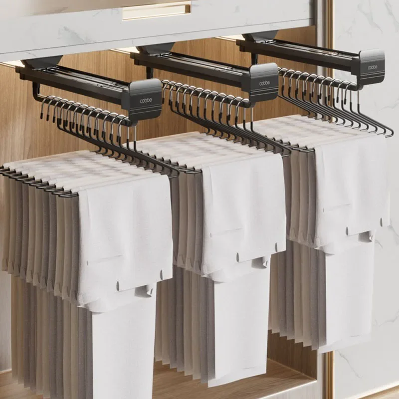 

Wardrobe Clothing Holders Trousers Racks Cabinet Clothes Storage Rack Telescopic Pants Shelves Push-pull Damping Rack