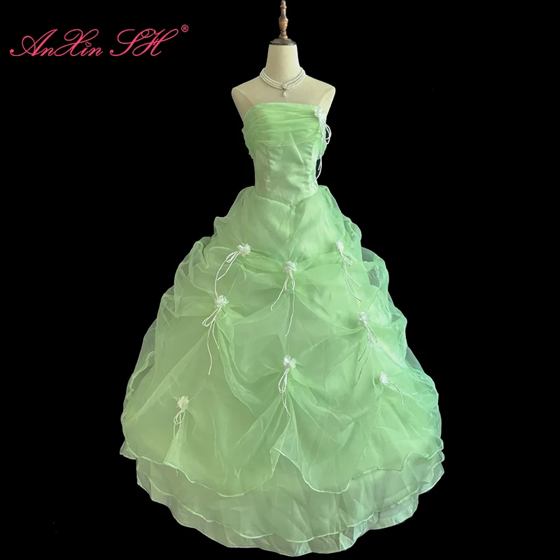 

AnXin SH princess grass green lace strapless sleeveless beading white flower bow ruffles lace up party customized wedding dress