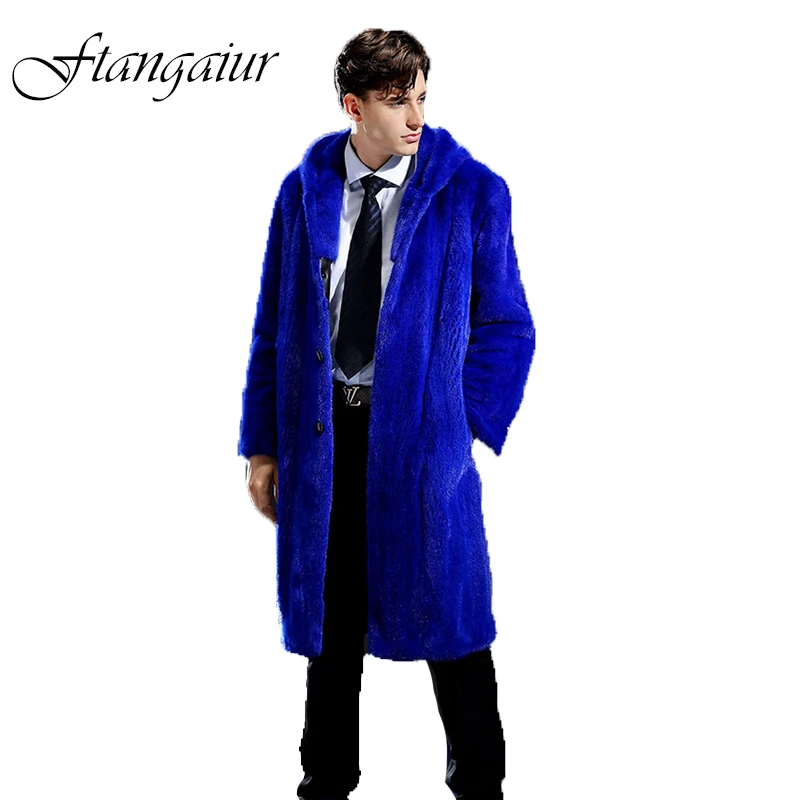 Ftangaiur New Winter Import Velvet Mink Coat With Fur Hood Pure Blue Full Sleeve Mink Coats Men's X-Long Smart Real Mink Coats