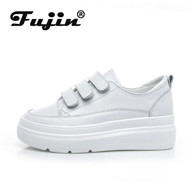 Fujin 8cm Hook Loop Women Sneakers Platform Genuine Leather White Classical Slip on Spring Autumn Wedge Heel Shoes Vulcanzied