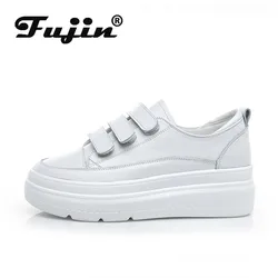 Fujin 8cm Hook Loop Women Sneakers Platform Genuine Leather White Classic Slip on Spring Autumn Wedge Heel Shoes Vulcanzied