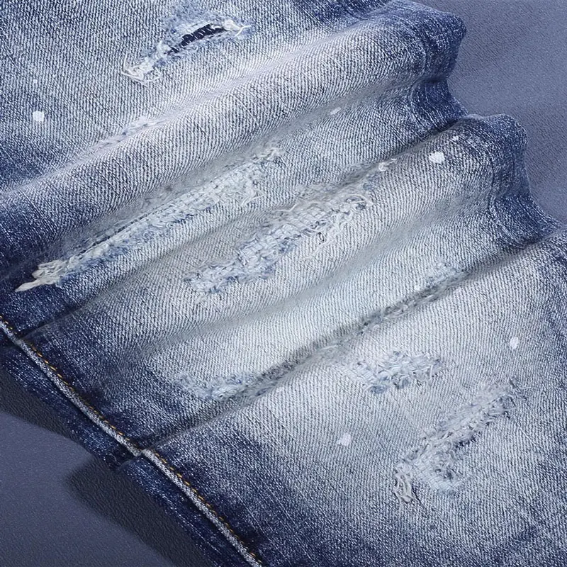

Y2K Fashion New Men's Jeans, Washed, Nostalgic, Elastic, Slimming, Scratched, Painted, Blue Jeans, High Street Hip Hop Bran