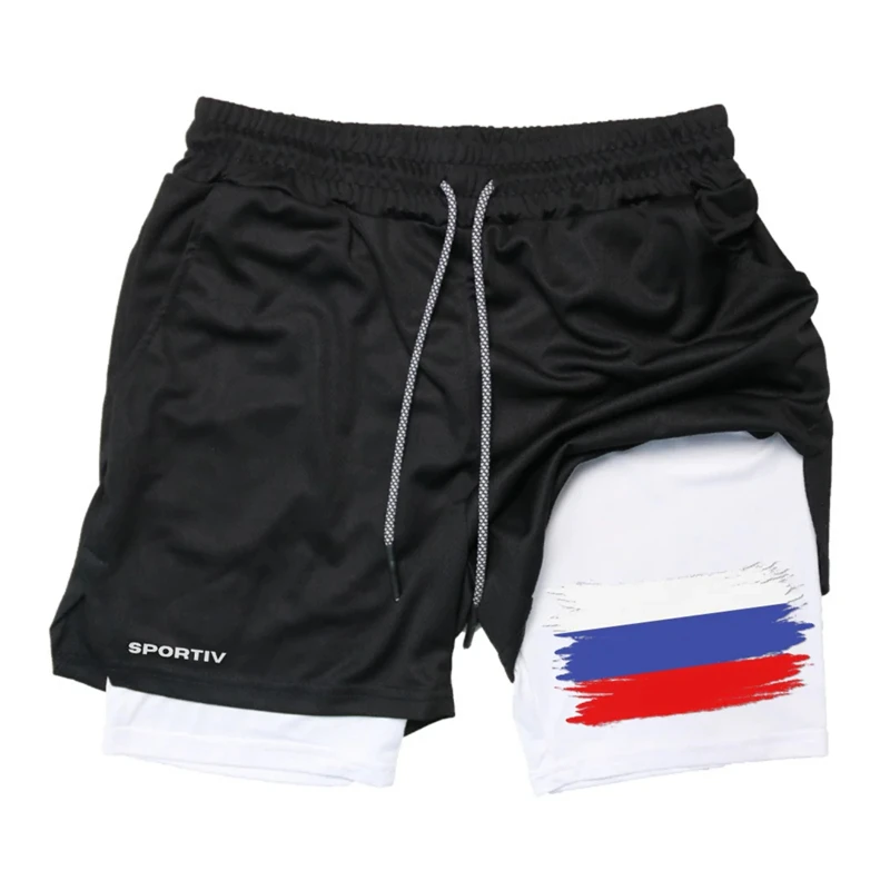 Shorts de desempenho 2 em 1 com estampa de bandeira para homens, academia, treino atlético, shorts de secagem rápida com bolso para telefone, shorts patrióticos
