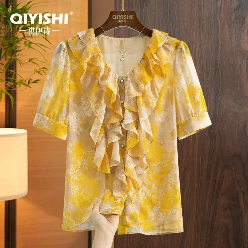 

Fashion Floral Print Women Summer Chiffon Top Short Sleeve V-neck Ruffled Blouse Loose-fitting Casual Lightweight Shirts