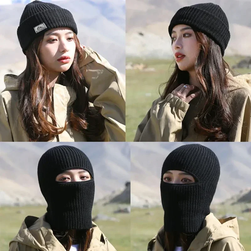 محبوك قبعة الشتاء القطن سميكة الباردة في الهواء الطلق الدراجات قبعة دافئة قناع 2 في 1 كامل الوجه غطاء للحماية غطاء للأذنين بالاكلافا قبعة