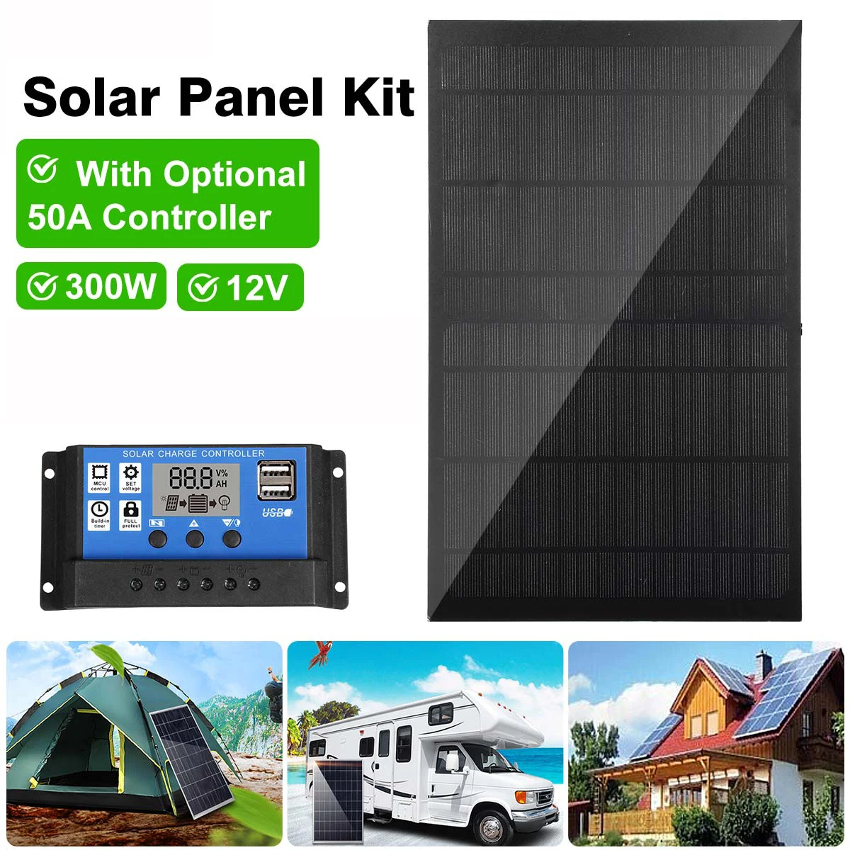 Kit de Sistema Fotovoltaico Flexível Carregador de Bateria Solar para Carro rv Barco Luz Camping Home Campista 12v 300w