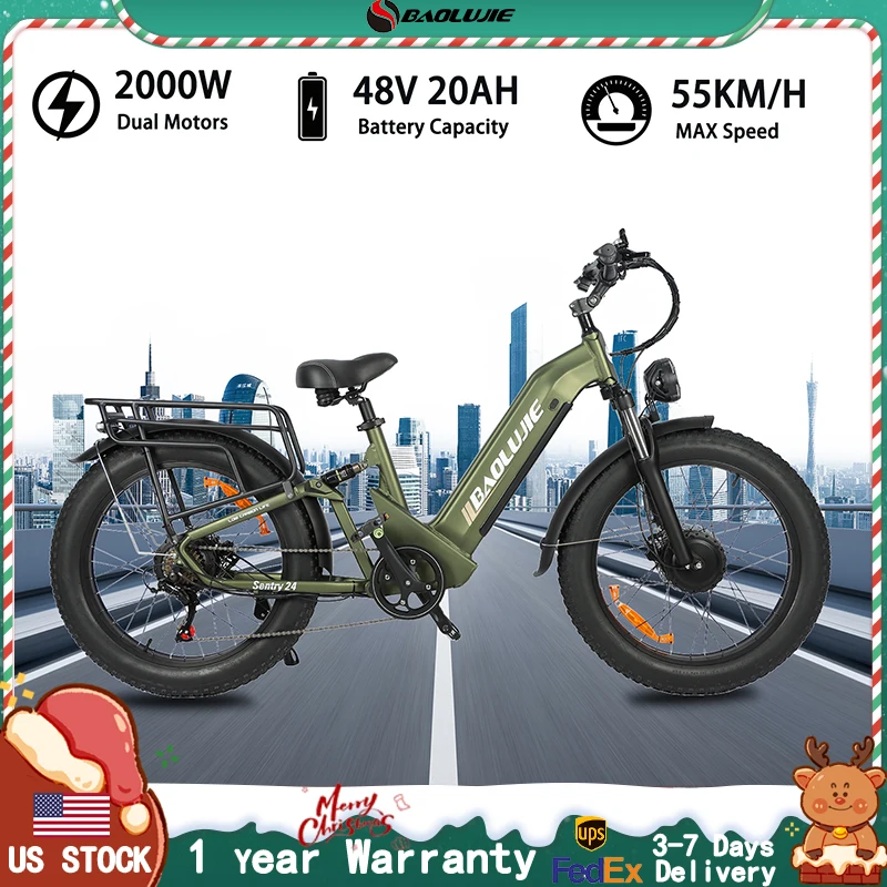 BAOLUJIE 2402 2000W 48V 20AH Off-road Mountain for Woman Ebike 24 Inch Fat Tire 35MPH Electric Bike for Adults【1 Year Warranty】