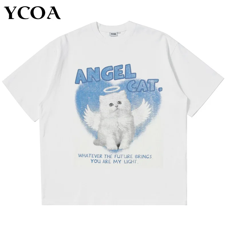 Men T-Shirt Cat Oversized Baby Angel Animal Short Sleeve Tees Fashion Graphic Tops Korean Cotton Vintage Y2k Streetwear Clothing