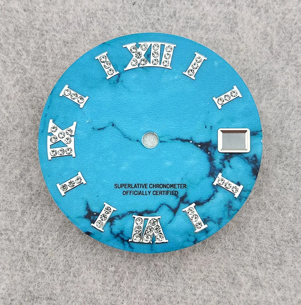 Esfera NH35 de 28,5mm, esfera de diamante integrada, calendario único, esfera agrietada adecuada para movimiento NH35/NH36, esfera azul de alta calidad