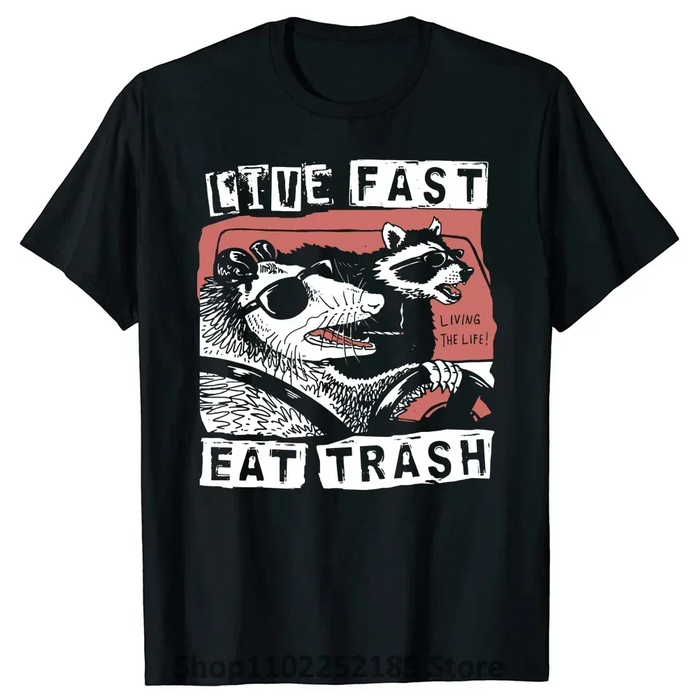 

Opossum Raccoon Live Fast Eat Trash Street Cats Squad T Shirts Cool Vintage Christmas Gift Ideas Graphic Streetwear T-shirt