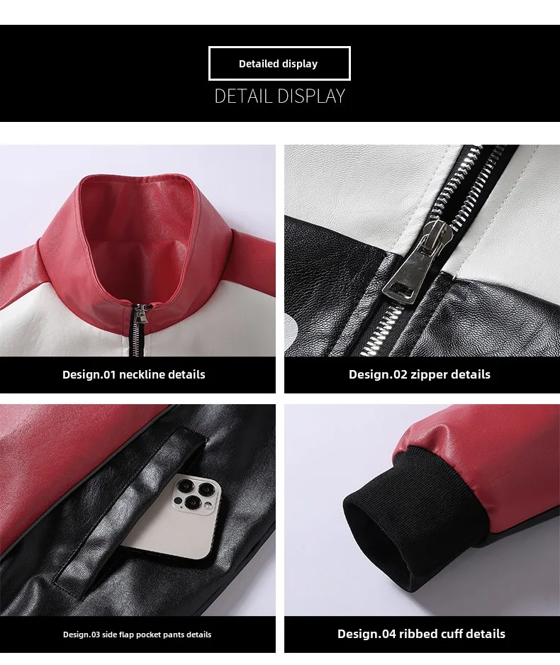 Men's Leather Clothing Autumn Winter New Color Block Trend Alphabet Print Outdoor Travel Stand Collar Coat Men PU Leather Jacket - Image 4