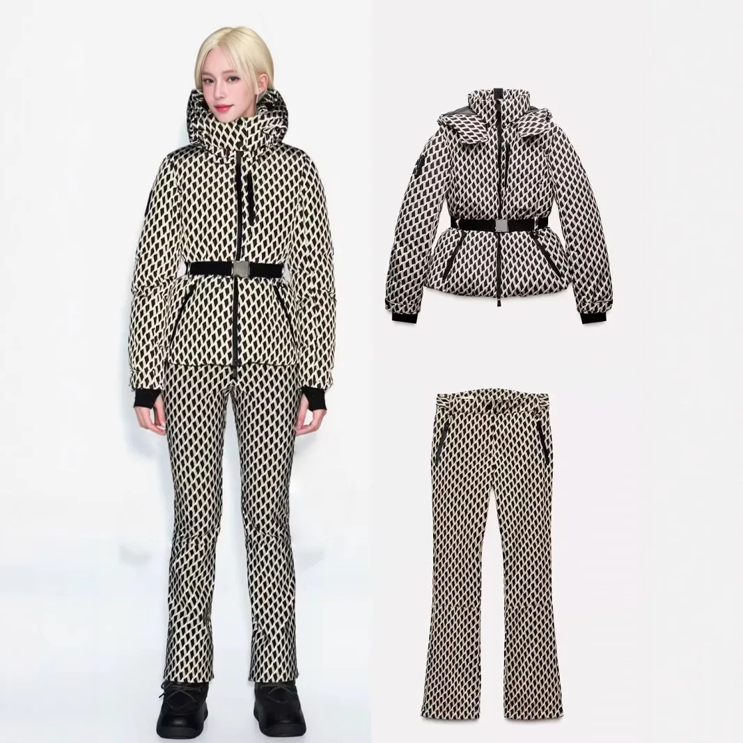 Winter Two Piece Skiing Set Hooded High Waist Padded Sport Parka Jacket Belt Female Thick Warm Pockets Windproof Skiing Pant