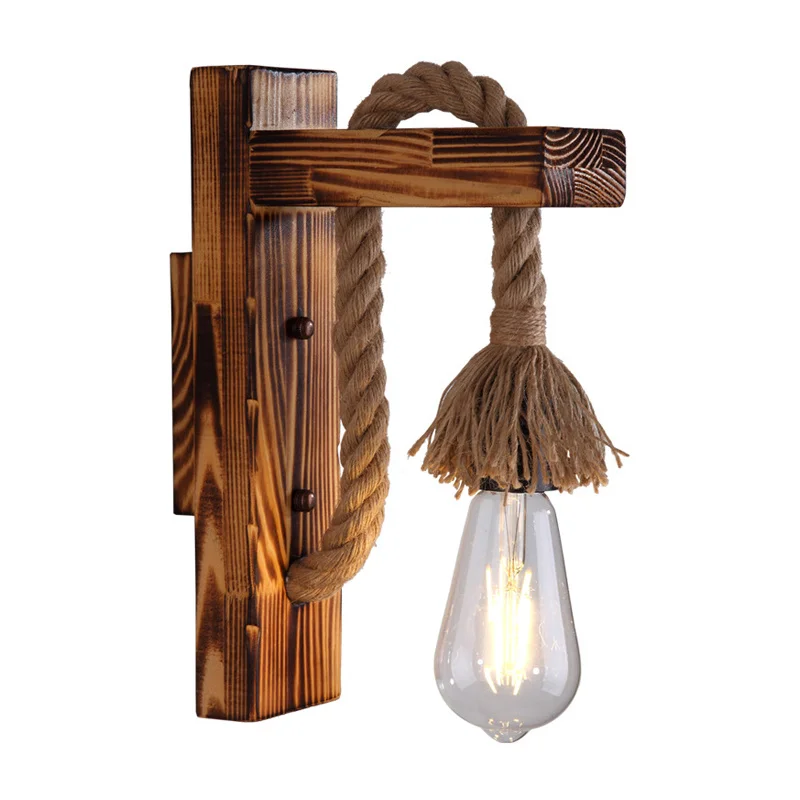 

American Wood Wall Lamp Retro Vintage Light Stair Aisle Corridor Decorative Hemp Rope Wall Lamp Bedroom E27 Bedside Light