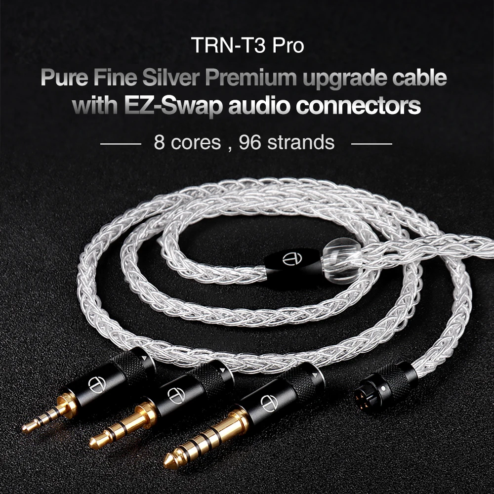 TRN-Câble T3 PRO 8 cœurs en argent pur 2.5/3.5/4.4mm, avec connecteur MMCX/2 broches, fil d'écouteurs amélioré pour TRN VX PRO V90 MT1