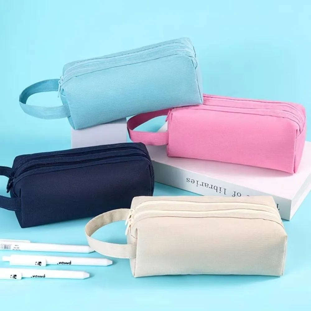 New Large Capacity Pencil Case Double Zippers Solid Color Pencil Pouch Waterproof Stationery Case