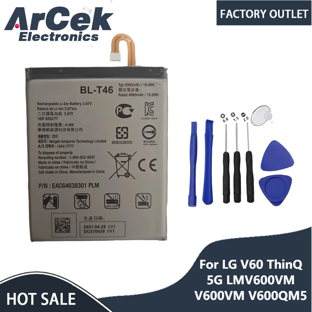 Original BL-T46 5000mAh Replacement Battery with Tools for LG V60 ThinQ 5G LMV600VM V600VM V600QM5 BL T46 Battery