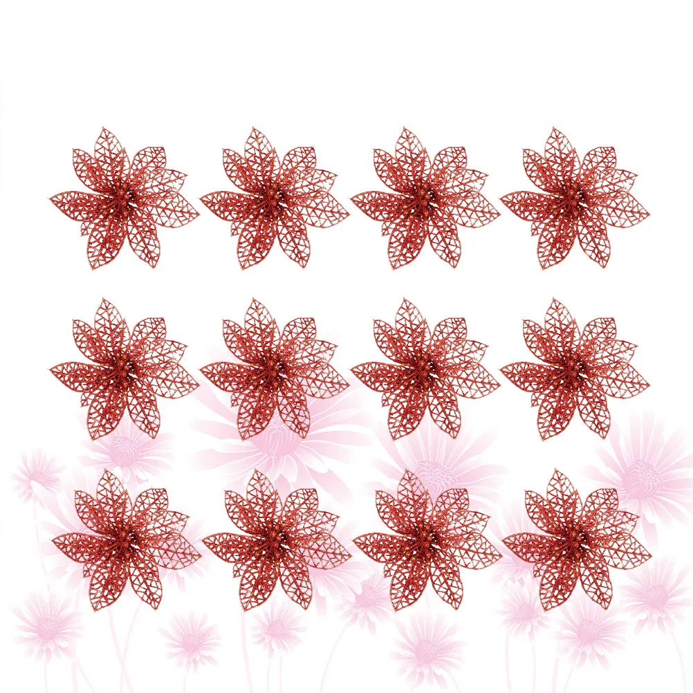 

12 Pcs Artificial Christmas Flowers Decorations Red Glitter Hollow Out Ornaments for Tree Party Home Retro Wedding