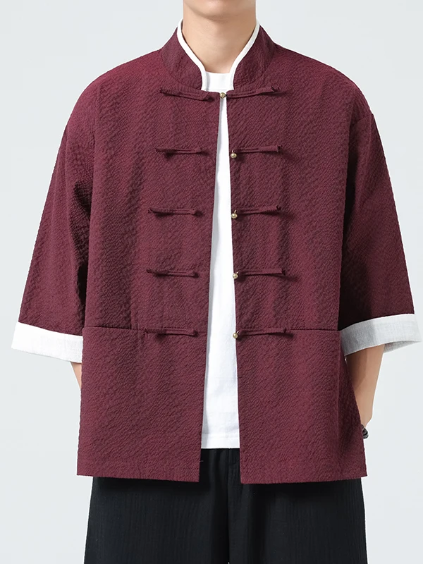 

Loose Fit Chinese Sle Men's irt ort Sve Stand Collar Five-Quarter Sve Summer Casual Outerwear Faion Youth