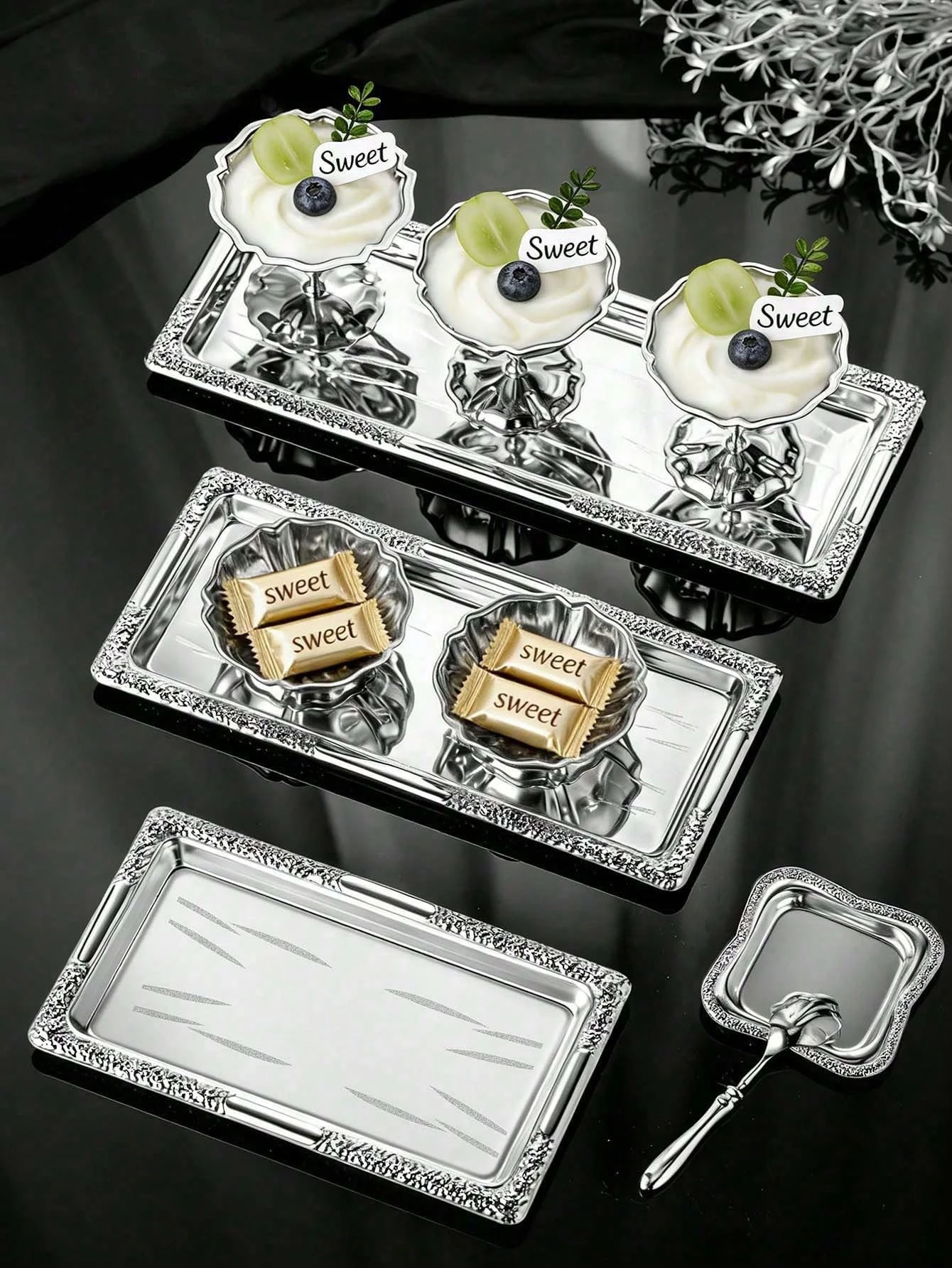 1 piece of silver wrought iron long tray, storage tray, dinner plate and serving tray in Middle Eastern style; available in thre view 2