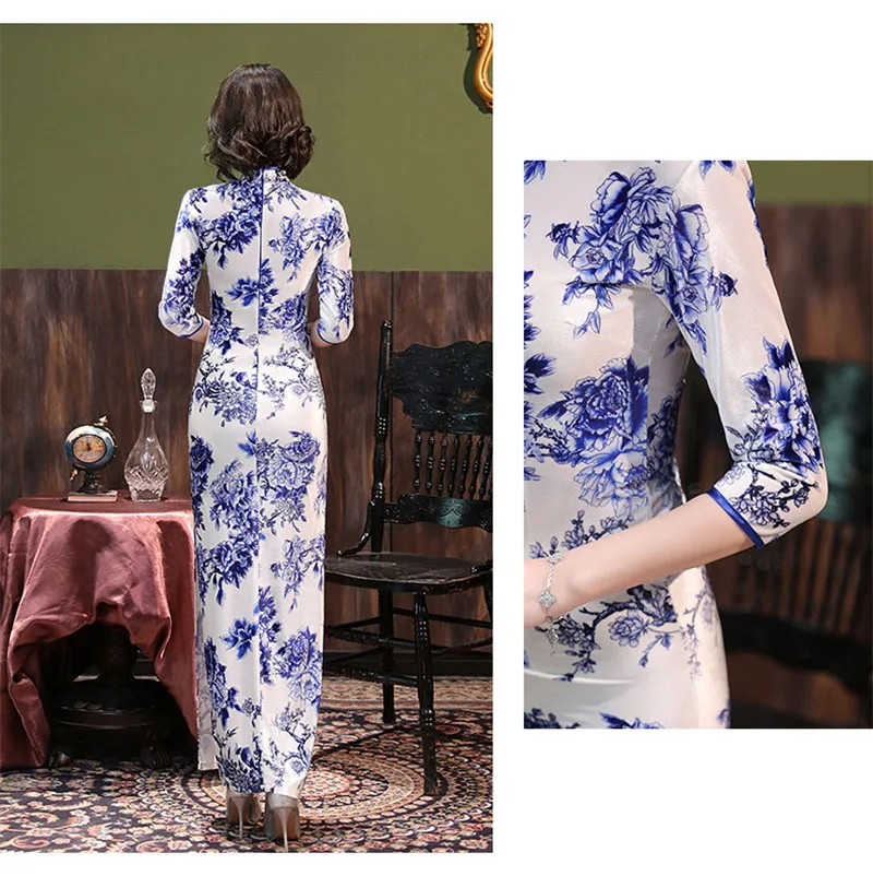 Lake Blue Velvet Long Cheongsam Floral Long Sleeve Vintage Improved Women Dress Chinese Style Qipao S To 5XL