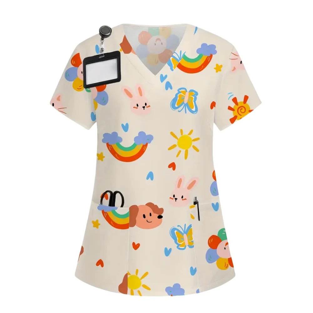 Clinical Uniform Woman Easter Bunny Print Microelastic V-Neck Nurse Fashion Patch Pocket Short Sleeve Top Surgical Uniform Woman