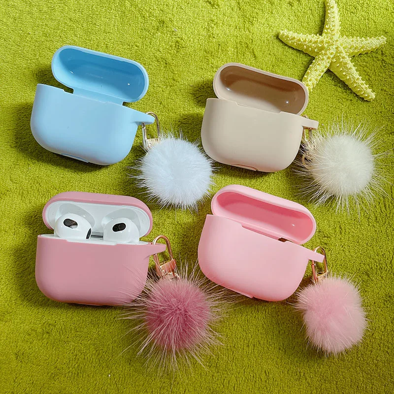 For apple AirPods 4 Case (3rd) gen Liquid Silicone Soft Earphone Case Cover For AirPods 3 Pro 2 With Cute Mink Hairball Keyring