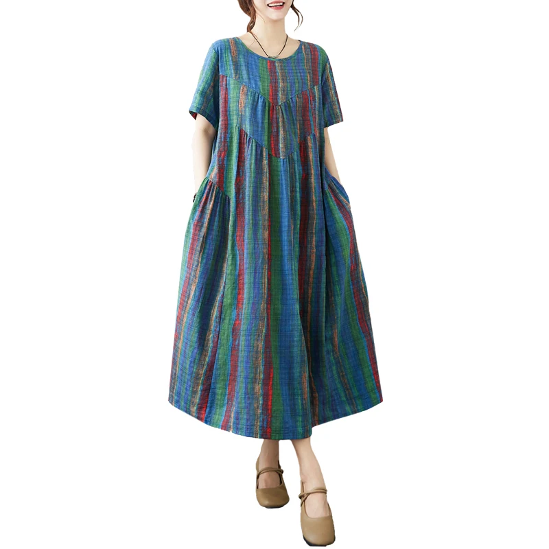  Striped Cotton Linen Printed Dr Summer Large Size Women's Faionable round Ne Loose over Knee A-Line Skirt