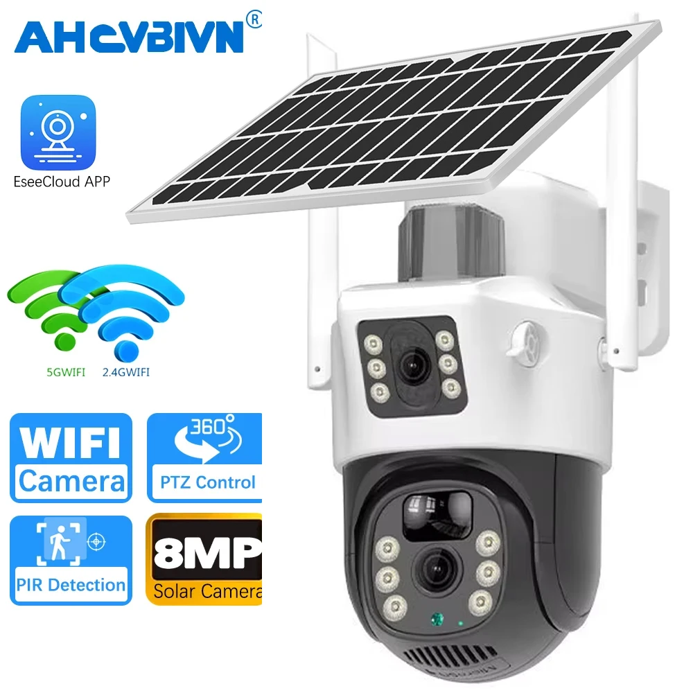 Solar 4K 8MP Camera WIFI Battery Dual Lens Dual Screen PTZ Monitor PIR Detect Security CCTV Waterproof IP Surveillance EseeCloud