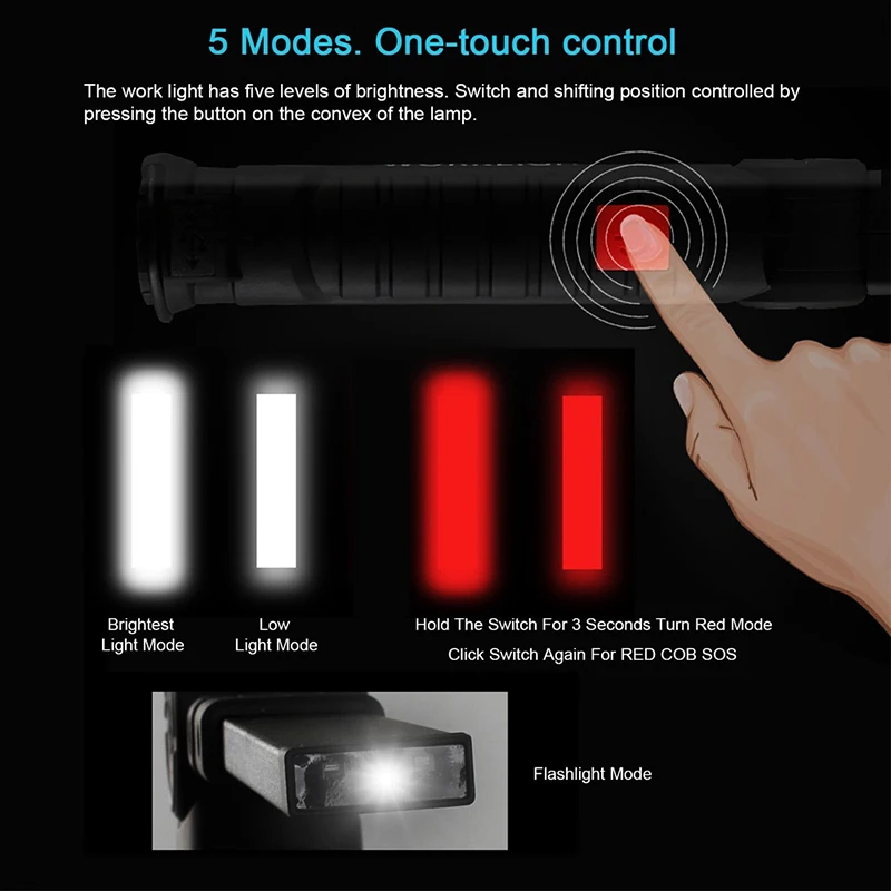 zk20 USB Rechargeable LED Flashlight Collapsible COB Portable  Woring Light Magnetic Base Hook Inspection Repairing Camping Lamp