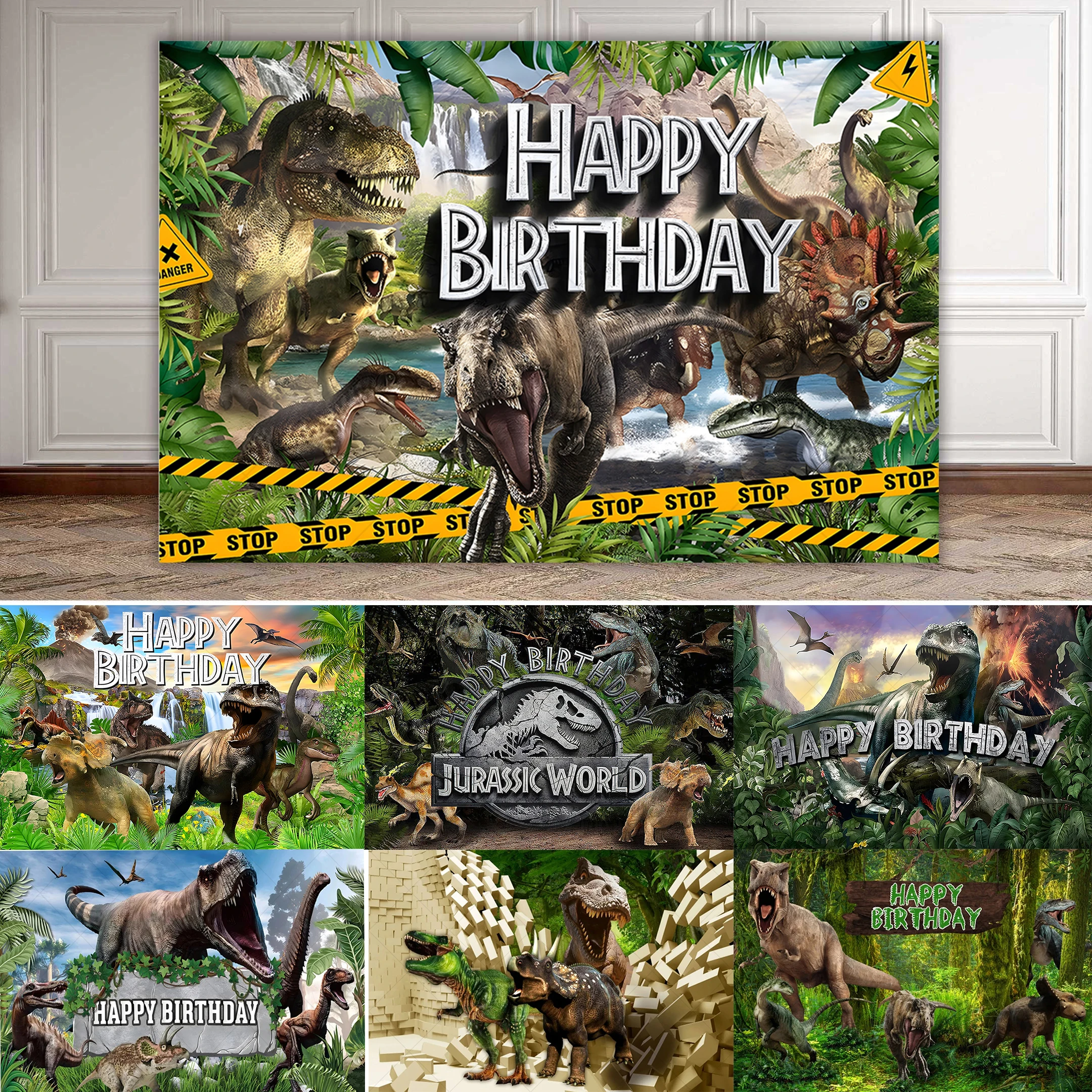 Fondo de fotografía de feliz cumpleaños del mundo de los dinosaurios, telón de fondo de jungla jurásica para niños, cumpleaños, Baby Shower, póster de decoración científica