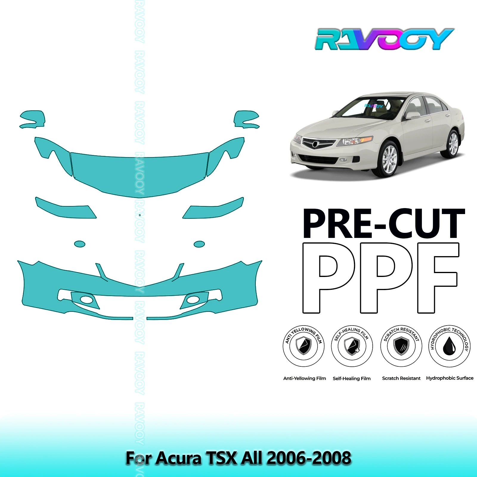 RAVOOY Custom-Fit Precut TPU PPF Front Kit Clear Bra Stone Guard EU UK For Acura TSX All 2006-2008