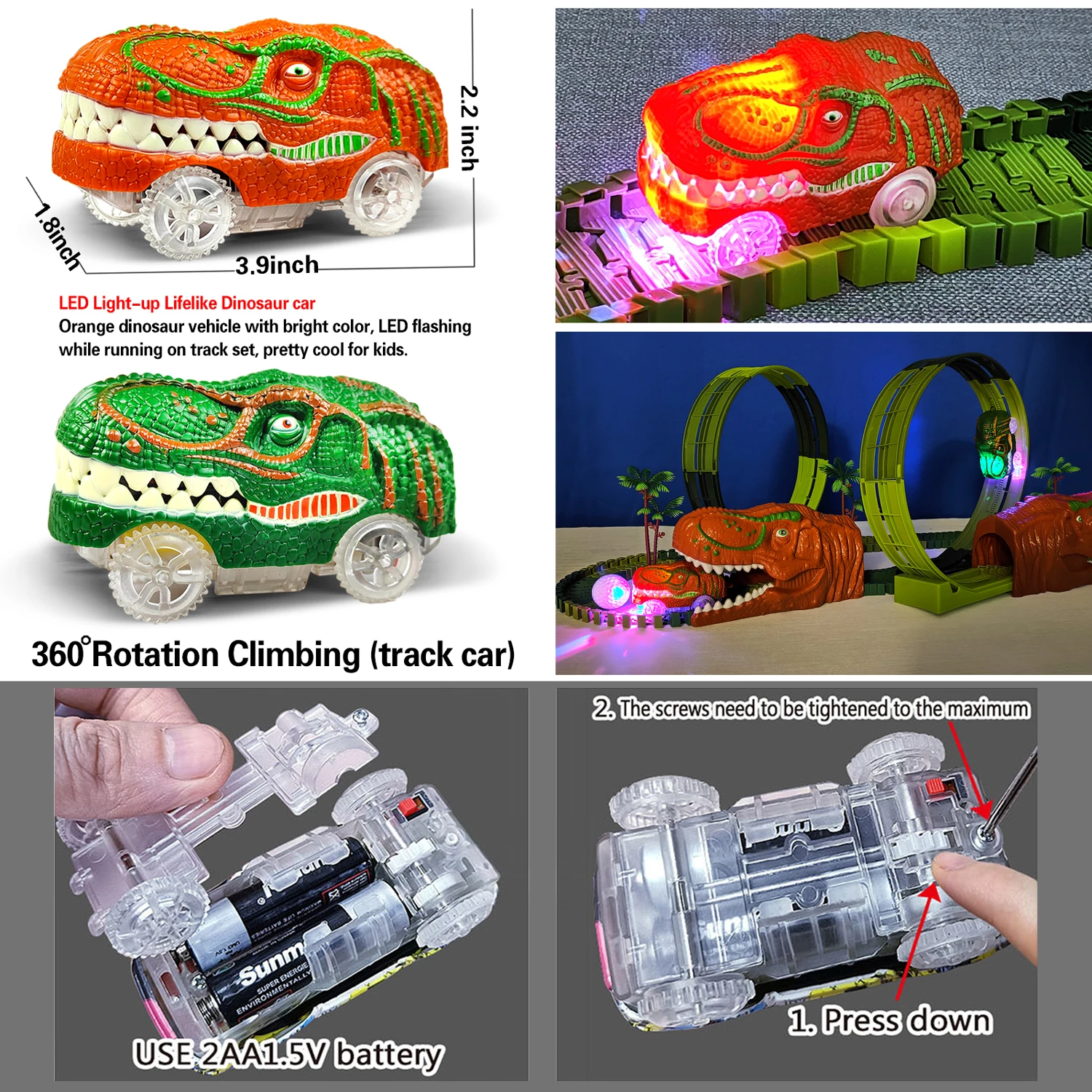 Racing Track Dinosaur Railway Toys Flexible Race Anti gravity orbit  Electronic Flash Light Car Toys for Children Gifts