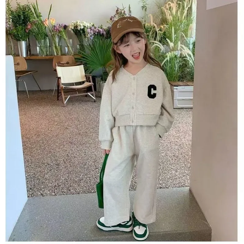 

2023 Korean Spring Autumn Children Girls Clothes Set Cotton Loose Wide Leg Pants Suit Embroidery Letters Baseball Uniform Outfit