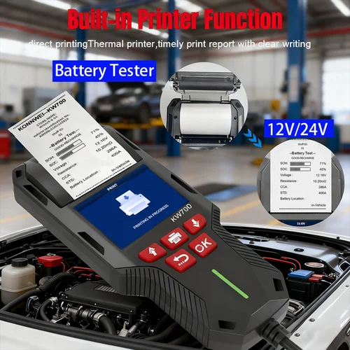 Nuevo Probador de batería de coche y camión KONNWEI KW700 12V 24V con función de impresión analizador de batería herramienta de prueba de carga de arranque 10-2000CCA