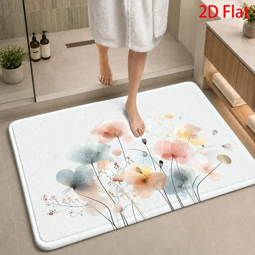 1pc/2pcs/3pcs Pastel Watercolor Floral Bath Rug Suitable for Bathrooms, Soft Abstract Flower, Machine Washable Thick Comfortable Mat Suitable for Kitchens, Bedrooms, Laundry Rooms, Modern Minimalist Decor, Durable, 2D Flat