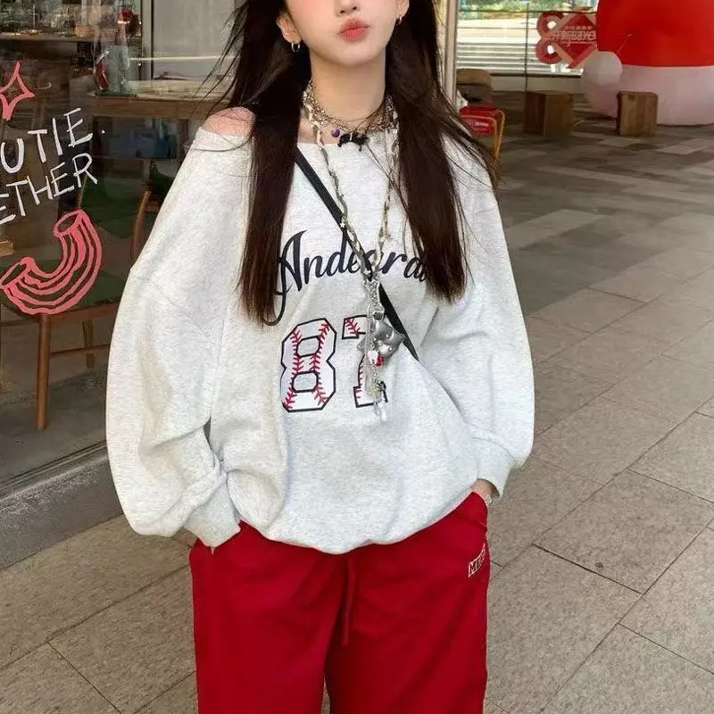High Street American Printed Sweatshirts Women's Clothing Letter Loose Spring Autumn Skew Collar Fashion Off Shoulder Hoodies